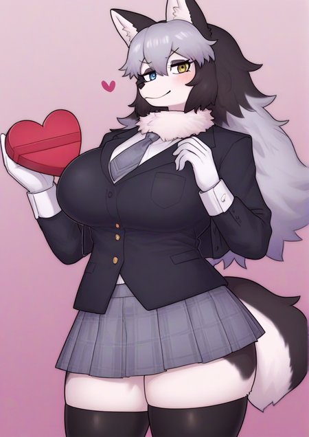 1girl, grey wolf (kemono friends), furry, furry female, by kodoto, animal ears, black hair, black jacket, black thighhighs, blue eyes, box, cowboy shot, fur collar, gloves, grey hair, grey necktie, grey skirt, heart, heart-shaped box, heterochromia, jacket, long hair, long sleeves, multicolored hair, necktie, plaid, plaid necktie, plaid skirt, pleated skirt, skirt, sleeve cuffs, solo, tail, thighhighs, white fur, white gloves, white hair, wolf ears, wolf girl, wolf tail, yellow eyes, zettai ryouiki,  <lora:ã¹ã¤ã®_Suigi.:1>