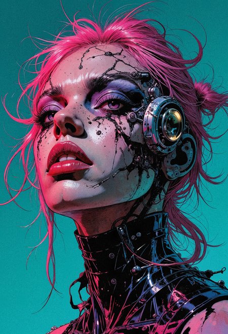 An extreme close-up perspective focuses on a figureâs face, set against a vibrant teal background, creating an intimate yet unsettling composition. The contours of her features are harsh and angular, her skin a canvas of metallic textures and deep scars. Wisps of luminescent, electric pink hair frame her face, contrasting sharply with her dark, smudged makeup that gives her a punk aesthetic. One eye is entirely mechanical, glowing ominously, while the other is wide with an intense, feral energy. This visceral portrayal captures the chaotic essence of her identity, merging the edgy styles of Hajime Sorayama with the horror elements found in Itoâs art, all while maintaining a striking visual dynamism.,  <lora:models\Flux\Comic book V2:1.5> in style of comic book, <lora:models\Flux\surrealidescent_v1:0.7> surreal iridescent,,