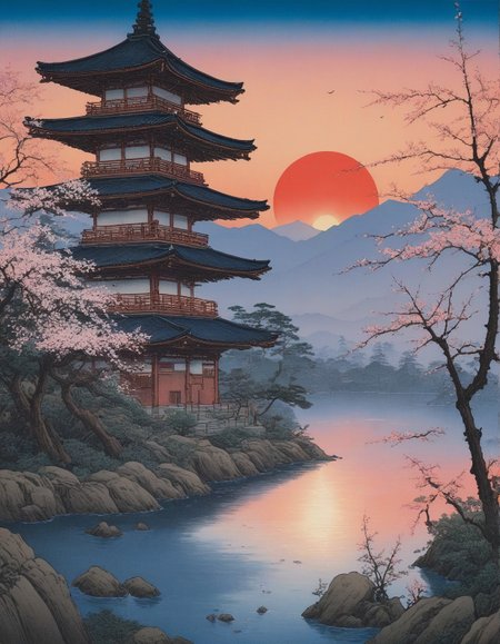 Utagawa Hiroshige: (ukiyo-e woodblock prints), (flat perspectives), (seasonal motifs), (vivid nature palettes),
titanium pagoda with self-repairing nano-vines,
Japanese bamboo grove in light rain, 
Virga rain evaporating before ground,
Altostratus opacus veiling sunlight,
Sunset with purple-orange gradients,
Spring cherry blossom bloom,
 <lora:add-detail-xl:0.7>,
 <lora:DetailMaximizer:0.3>,
 <lora:brho:0.15> brho, 
<lora:Deep_depth_of_field:0.3>,
 <lora:extremely_detailed:0.8> extremely detailed,