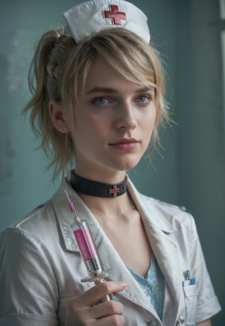 Stable_Yogis_PDXL_Positives, score_9, score_8_up, score_7_up, realistic, natural skin texture, fine pores, realistic skin, intricate skin details, skin dentation, skinny, 1girl, solo, lunafreya, blue eyes, blonde hair, swept bangs, short hair, ponytail, high ponytail, braid, crownbraid, choker, nurse, nurse cap, syringe, holding syringe, large syringe, red cross, hat, hospital, infirmary