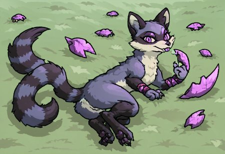 maypul, dark purple fur color, raccoon, female, solo, 1girl, evil, pink/purple demon eyes, abyss, shadow figure, evil, feral, looking at viewer, laying down, calm, fangs, cute, werewolf form, pet