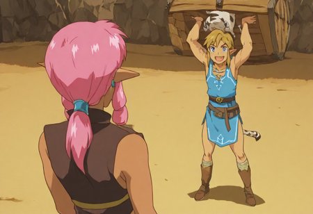 Pink_DragonPink, 1girl, sleeveless dress, white tiger print dress, pelvic curtain, cleavage, white tiger tail, red sash, small breasts, leather shoes, masterpiece, very aesthetic, smiling wide, <lora:pink-illustrious:1>, 
Break
1boy,Anime screencap,link (zelda),blonde hair,blue eyes,pointy ears, low ponytail, sidelocks, wearing blue hyilian tunic, 
Break
Hyrule dungeon interior, super_strength, pink_dragonpink holding a treasure chest, over head, hands up, over her head like an item