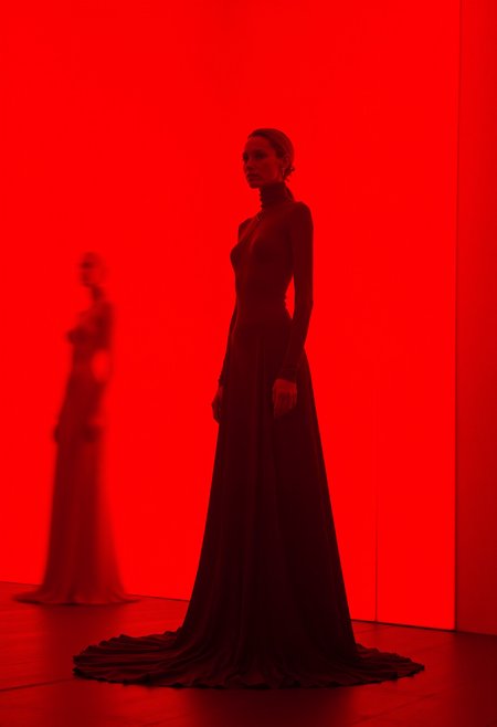 High fashion photography, behind the red wall, women naturally stand in front of the red wallNon centered composition, In motion, blurred body parts due to movement, 