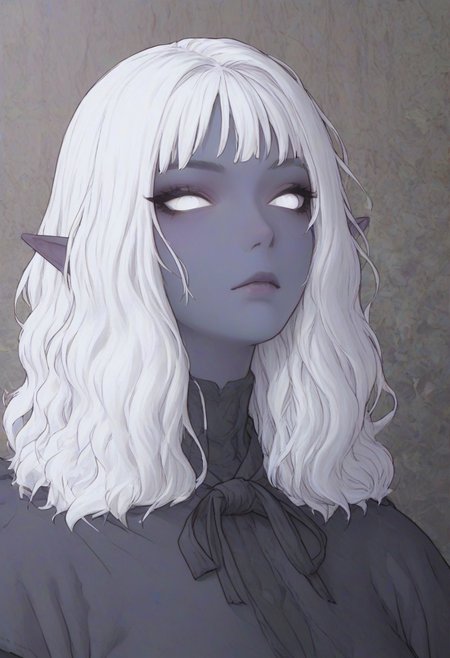 (score_9, score_8_up, score_7_up), source_anime, anime, female, elf, (dark blue skin), drowsinue, grey corset, grey cape, white shirt, black right arm, armor, white hair, wavy hair, medium hair, white eyes, masterpiece, best quality <lora:Floox_Style:1> detailed eyes, detailed hair, povcheekgrabbing, solo focus, hand on another's face, white hand on face, pale hand.