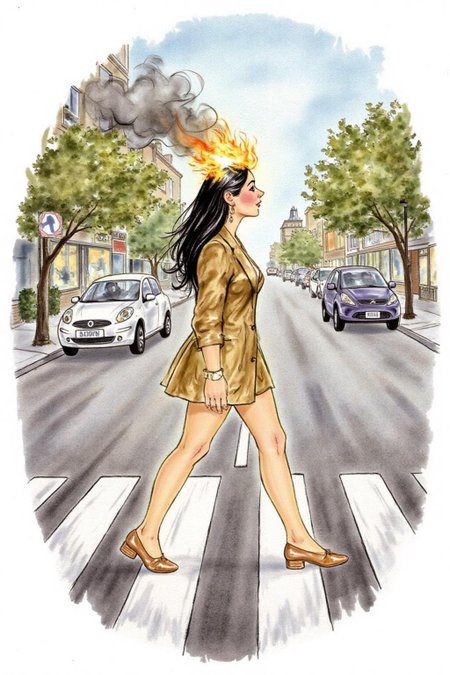 d0sn Illustration. Profile of a woman with long black hair walking across the street at zebra crossing. Her hair is on fire, with black Smoke coming out of her head.  <lora:d0sn_illus7_cap_d6a3:1.0><lora:805806671843583310:0>
