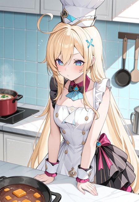 LM142, masterpiece, absurdres, newest, best quality, perfect quality, absolutely eye-catching BREAK
1girl, solo, gsesc, blonde hair, long hair, ahoge, blue eyes, white hat, hair ornament, black bowtie, blue ascot, white dress, double-breasted, frilled dress, sleeveless dress, gold buttons, wrist cuffs, black overskirt BREAK 
indoors, kitchen, kitchen counter, food, cooking
