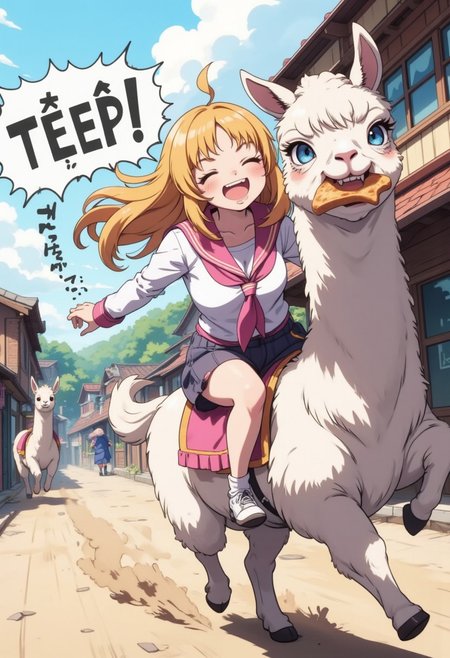 A detailed colorful anime illustration. A young girl with blonde long hair in white and pink sailor style uniform. She is laughing while ridding an alpaca. The girl is shouting a bold black text anxiously: "I'm gonna be late!!!". The alpaca is running sideways and biting a slice of toast in its mouth, with savage grinning expression. Dust kicked up beneath its hooves. It is a sunny day, they are running in a Japanese styled town. fca_style