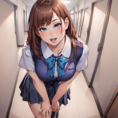score_9, score_8_up, score_7, aesthetic, expressive, source_anime, celshaded, BREAK, 
1girl, shiny, young, long brown hair, bangs, soft blue eyes, beauty mark, lips, slight blush, smile, open mouth, tounge out, looking at viewer, leaning forward, dress shirt, vest, bow, pleated skirt, medium breasts, black shoes, 
warm lighting, school hallway, 
rich color, vibrant, indoors, depth of field,