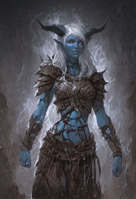 score_9, score_8_up, score_7_up, BREAK,
(hyper-Realistic lighting and textures), unreal engine 5, 1girl, portrait, beautiful, tiefling shaman, white hair, (long hair:1.3), side bangs, horns, barbarian, gladiator, war paint, tribal markings, long tail, blue skin, pink eyes, glowing eyes, (smug:0.85), (big breast:0.25), dramatic lights
<lora:Fant5yP0ny:0.6> <lora:fantasy_world_pony:0.9> <lora:Cherry-Gig:0.55>