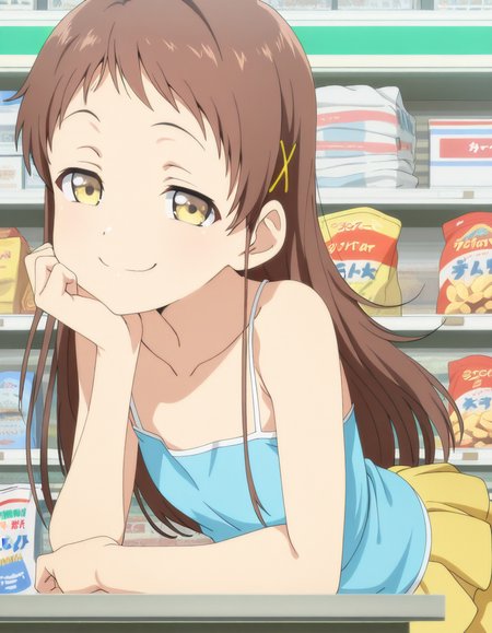 masterpiece, best quality, amazing quality,, <lora:chie-sayama-ova-illustriousxl-lora-nochekaiser:1>, chie sayama, brown hair, yellow eyes, hair ornament, hairclip, anime screencap, camisole, blue camisole, bare shoulders, collarbone, skirt, yellow skirt,, head rest, smug, convenience store, snacks, shelves, counter, quick, cowboy shot, solo, looking at viewer