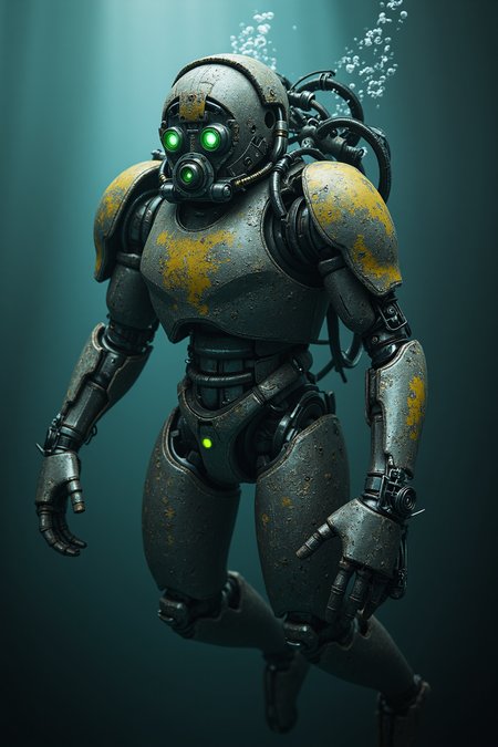a heavily mechanized deep-sea diver descending into the dark ocean depths, body encased in thick segmented plating made from pressure-resistant alloys, large mechanical arms with clamp-like fingers and jointed tubing flex around the torso, helmet is spherical with multi-lens optics glowing faint green and yellow, covered in algae growth and salt corrosion, cables trail behind like lifelines, bubbles rising around the machine frame, deep sea environment with faint light shafts piercing the darkness, photoreal with gritty realism and metallic texture  








mg-mk.1