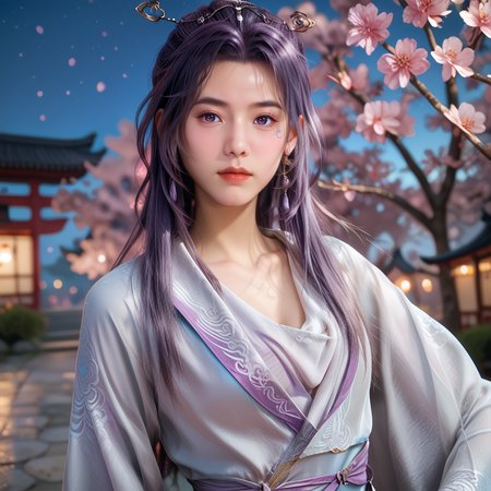 <lora:ponyyunxiao20v:1>,score_9,score_8,score_7_up,source_real,real skin BREAK yunxiao,medium_shot,looking at viewer,night,white and silver dress,peach blossom tree,purple hair