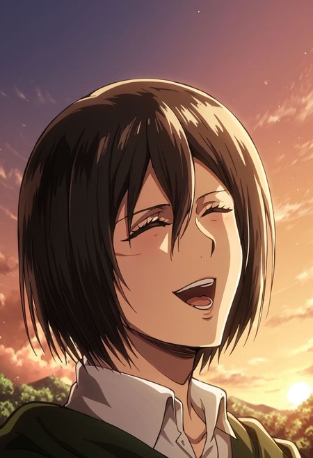 1girl, solo, Mikasa Ackermann, attack on titan, outside, sunset, laughing, closed eyes, beautiful face,
