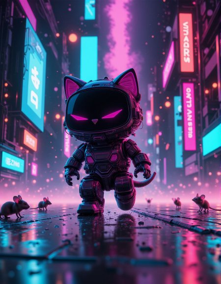 <lora:ck-Neon-Retrowave:1>, ck-nw, in the style of ck-nw,  a cyber robotical cat chasing mice