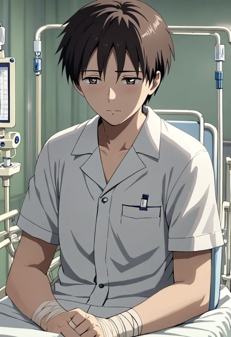 high resolution, solo, best quality, 1Boy, Takaki Toono, Brownish Hair, Brown Eyes, bandage, patient, hospital, OverallDetail