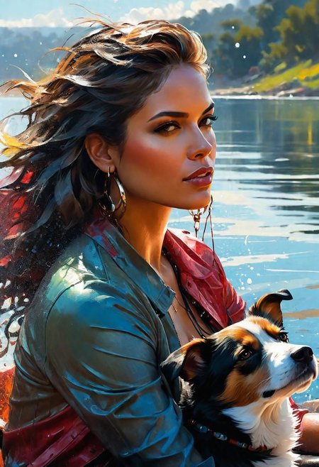 Close Up, Portrait Art, Best Quality, (Masterpiece), RTX, 8k, HDR, Andre Cohn, Gabriel Del Otto, Digital Illustration, Close Up, Concept Art, Oil Painting, Heavy Brushes, Paint Drips. A breathtaking portrait of a beautiful woman sitting by a lake with her dog, Rich, deep colors. Multilayered image shaded with cells. Beautiful Face, Perfect Anatomy, Perfect Eyes, Eye Detail, Golden Ratio, Award Winning, Professional, Highly Detailed, Centered, Symmetry, Painted, Intricate, Volumetric Lighting, Magnificent, Masterpiece, Sharp Focus, Depth of Field, Perfect Composition, Award Winner, 8k hi-res,