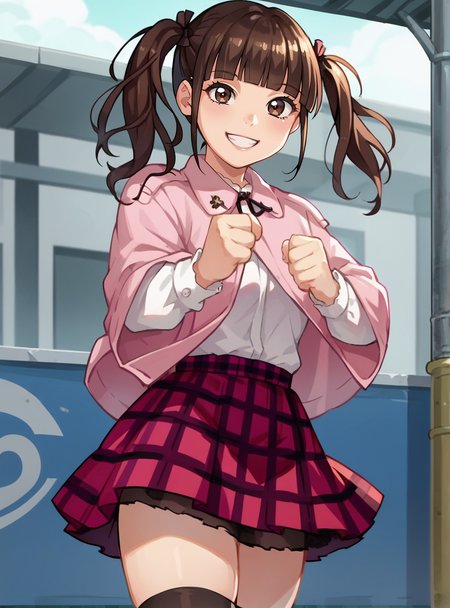score_9, score_8_up, score_7_up, score_6_up, source_anime, (anime screencap), uncensored    anime coloring  anime coloring,   <lora:KaguraIzumi:0.8>kaguraizumi, 1girl, solo, skirt, smile, thighhighs, bangs, plaid, brown hair, blunt bangs, plaid skirt looking at viewer,  ,twintails,  two side up,  thick thighs,,  fighting stance, brown eyes