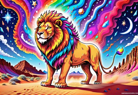 A huge incredible lion is walking along the colorful psychedelic dunes of ((desert)). the lion's mane shimmers with all the colors of the rainbow. it feels like a lion is burning with a multicolored flame. background:  ((black night)) with rare large stars. the inscription on the picture: "Graógramán"