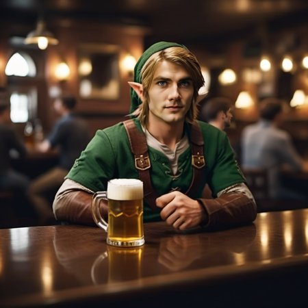 cinematic photo a man is link and having a beer in a pub <lora:Link1024:0.8> . 35mm photograph, film, bokeh, professional, 4k, highly detailed