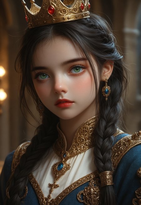 safe_pos, score_9, score_8_up, score_7_up, ((( highly detailed, masterpiece, perfect, detailed, hd)))
,
(( Eleonoramb, jewelry, earrings, luxury golden crown, black hair, long hair, braid, green eyes, queen suit, luxury medieval suit))
,
((( 1girl, solo, )))
,
((( Standing, head tilt, posing fir viewer)))
,
((( Indoors, castle ))) 
,
((( Frontal view, 3/4 body view)))
,
((  ))
,
((( )))
,
()