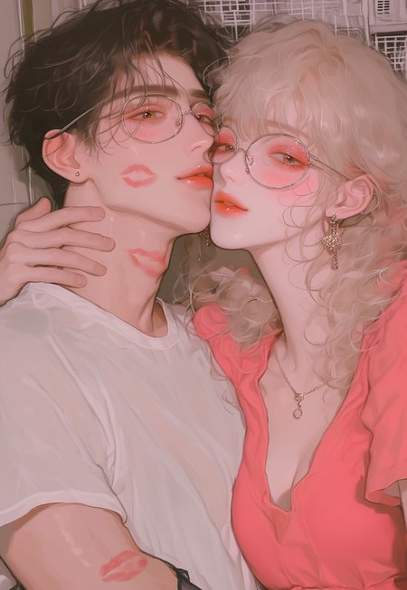 safe_pos, Score_9, score_8_up, score_7_up, score_6_up, score_5_up, score_4_up, (girl and boy), detailed background, ultra-detailed, indoors 
BREAK, 
((1girl), beautiful woman, beauty's, cute, beautiful petite girl, earrings, makeup, eyeliner, blushing, detailed face, sexy, breasts, long_hair, bangs, wearing, slip dress)
BREAK,
((1boy), handsome young man, wearing t-shirt, wearing eyeglasses, korean man)
BREAK, 
happy, couples, anime, source_anime, Couple, 1girl, 1boy, asian, korean, idols, couples focus, arm around neck, hugging, lipstick marks on man