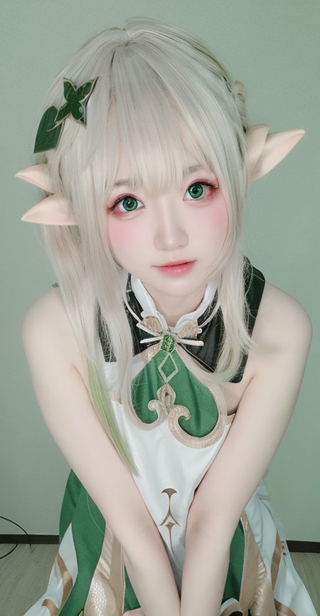 (photo realistic:1.35),(ulzzang-6500:0.65), masterpiece, best quality, detailed, pointy_ears, elf, 1girl, green_background, solo, hair_ornament, long_pointy_ears, green_eyes, long_hair, dress, realistic