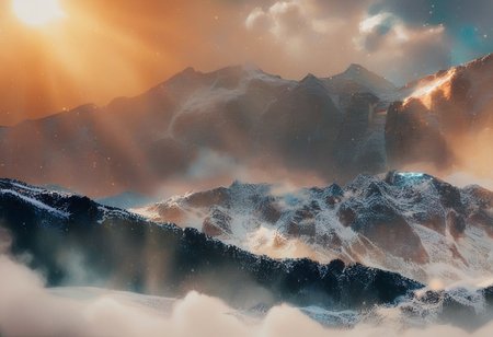 score_9,score_8_up,score_7_up,score_6_up , (spiral bokeh:1.2), (smokey cloud, magical effect, fog:1.2), landscape, (mountain, snow, freeze ice), (magical strong avalanche storm:2), (Rising sun, rays of sunshine:1.2)