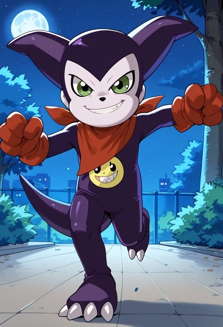 score_9, score_8_up, score_7_up, highly detailed, CuteCartoonStyle, cute boy, digimon (creature), solo, purple skin, green eyes, red bandana, red gloves, tail,  at night, full moon, running, motion blur, smug smile, park