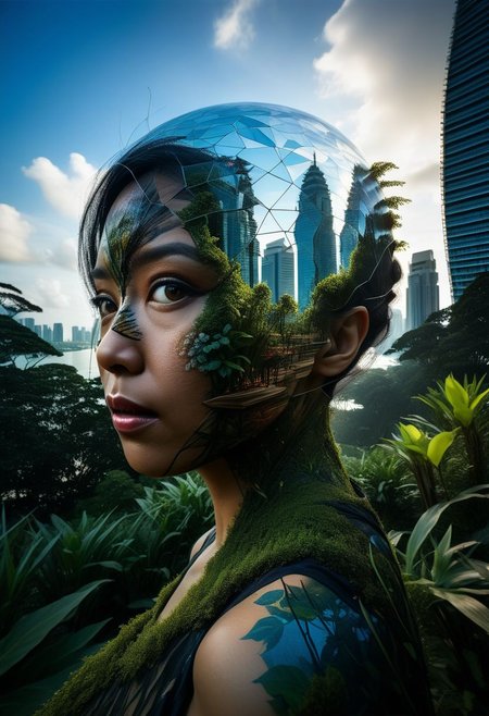 Close-up, mysterious silhouette of a singaporean woman, gardens by the bay in singapore, goddess, alluring, by Minjae Lee, Carne Griffiths, Emily Kell, Steve McCurry, Geoffroy Thoorens, Aaron Horkey, Jordan Grimmer, Greg Rutkowski, amazing depth, double exposure, surreal, geometric patterns, intricately detailed, bokeh,  perfect balanced, deep fine borders, artistic photorealism , smooth,  great masterwork by Suiras  <lora:add-detail-xl:2>  <lora:Double_Exposure:0.5>