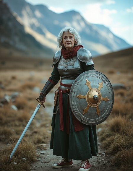 A 35mm analog kodachrome photo, high iso, a your mum, grey hair, armour, converse shoes, holding a sword and shield