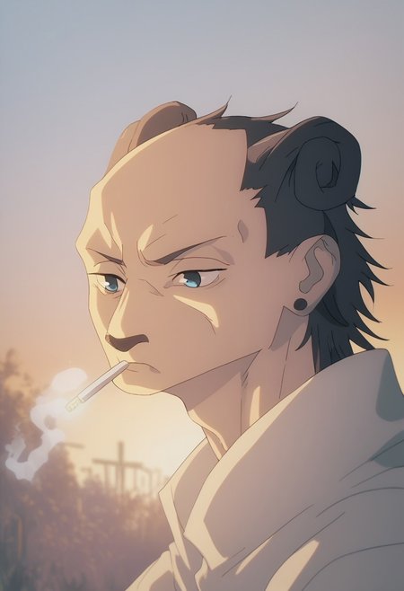 score_9, score_8_up, score_7_up, ((solo)), anime screencap, SatoruGojo,  blue eyes,portrait, smoking, sad, sunset, outdoors, magic around her, empty eyes, sad, star magic, star magic,mesugaki, two people