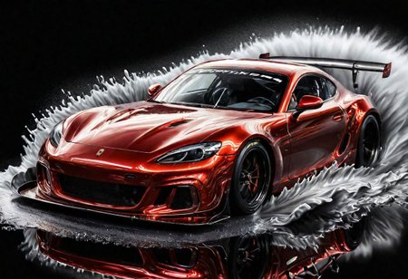 RED sports car, race car, racing through SILVER LIQUID METAL, liquid metal sprays up from the cars tyres, Car drifting sidewys in a black void