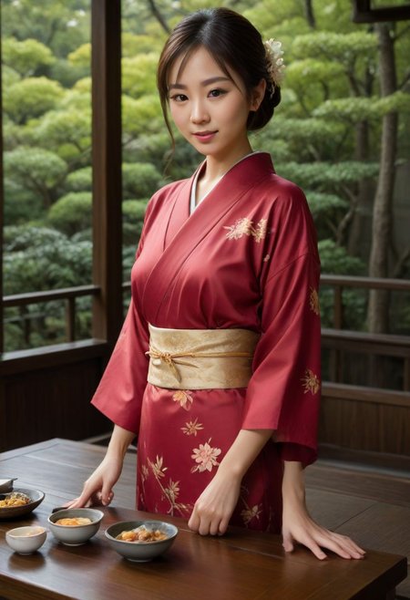 From frontal below :1.3,(dark background:1.3),(posing behind wood table:1.631),(restaurant at ryokan:1.2),(Japanese tea cups and ((sukiyaki ))on table:1.63),((sukiyaki :1.5)),(beautiful real texture :1),smile face:1,(royal),10k,(real skin texture:1),high resolution,(one 32 years old elegant Japanese woman wearing in jyuban and colored long kimono:1.2), (looking at garden :1.4),exquisite face:1,(163cm tall:1),(fine wrinkle  :1.),(detailed innocent girls face:1.), NegfeetV2,(dazzling expression:1.54),(small single chignon:1), (only (one side )breast out:1.654)