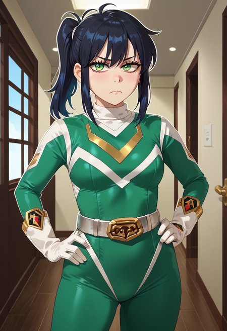 score_9, score_8_up, score_7_up, BREAK,
1girl, solo, sentaisaintforce, green bodysuit, silver belt, white gloves, spandex, wing-shaped chest symbol, helmet removed, no headwear, 1girl, reneegr, black hair, ponytail, sidelocks, long hair, green eyes, jitome, bags under eyes, BREAK,
cowboy shot, frown, looking at viewer, standing, hand on hip, indoors, hallway