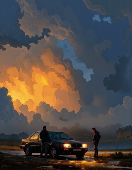 By Artem Chebokha. A dramatic digital illustration shoot from the side about a dramatic sunset scene with two silhouettes of two people standing beside a car on a wet road. the scene is set against a backdrop of large, dramatic clouds in shades of blue, orange, and yellow, illuminated by the warm light of the setting sun. on the left side of the image, a car is parked on the wet road, its headlights on, casting a warm glow on the surrounding landscape. the car is positioned in the middle of the scene, with the two figures standing on either side of it, facing away from the viewer. the sky is filled with dark, ominous clouds, creating a dramatic contrast with the vibrant colors of the sunset. the overall mood is dramatic and moody, with a sense of solitude and isolation. the image also features a signature in the bottom left corner, adding a personal touch to the overall scene.