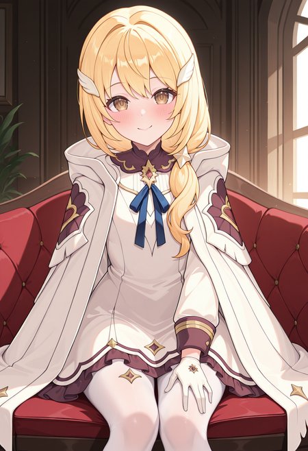highres, best quality, masterpiece, indoors,
1girl, solo, pcrclear, blonde hair, brown eyes,
kuriadef, wing hair ornament, low ponytail, white cloak, white dress, blue ribbon, long sleeves, gloves, white pantyhose, pantyhose cutout,
looking at viewer, blush, smile,
sitting, hand on own thigh, 
<lora:_clear_pcr-elesico-ilxl-000014:1>