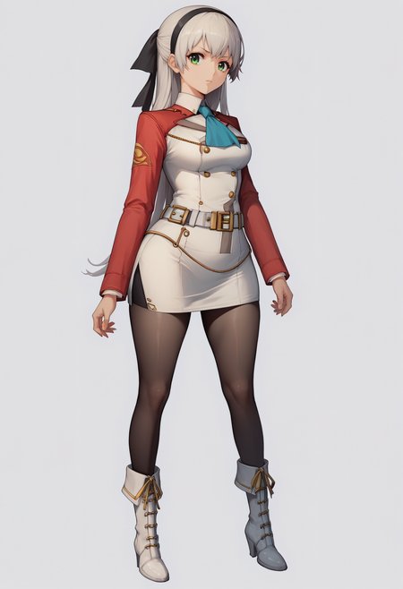 score_9, score_8_up, score_7_up, source_anime BREAK 1girl, solo, simple background, white background,
<lora:nikke-style-poses-richy-v1_pdxl:1> nikkestanding, full body, standing, thick thighs, wide hips, looking at viewer,
<lora:elie-pdxl-nvwls-v1:1> zeroElie, black hairband, hair ribbon, long hair, uniform, long red sleeves, white dress, pencil skirt, belt, black pantyhose, white boots, blue ascot