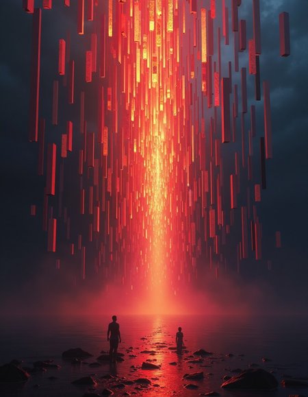 Awful art by Elisabeth Sonrel and Yanjun Cheng, Cascading Reef of luminous rectangles, varying from pixel-thin slivers to massive monoliths, each rectangle emitting Unreal of different intensity and color, arranged in a vertical flow pattern with smaller rectangles clustered at the top, gradually increasing in size towards the bottom, located artistic Full length frame, Cozy, beautiful detailed supreme quality color intricate, original, stunning detail, 1940'S, Symbolist, Celestial female figures, mythological, polished art, Homer and Lisa Exchange Cross Words Grindhouse, Explosive brushwork, Burgundy colors