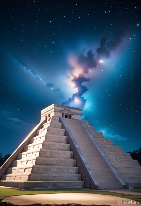 score_9, score_8_up, score_8, medium breasts, (curvy), cute, eyelashes,     
BREAK,
zzChichenItza in background,
no humans, night, building, star (sky), night sky, starry sky, milky way,
zPDXL,