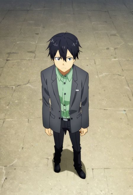 high resolution, professional photography, solo, best quality, 1Boy, Kazuto Kirigaya, Black Hair, Black Eyes, standing, straight facing upwards, casual, seen from above, arrogant face, dominant, intimidate, OverallDetail