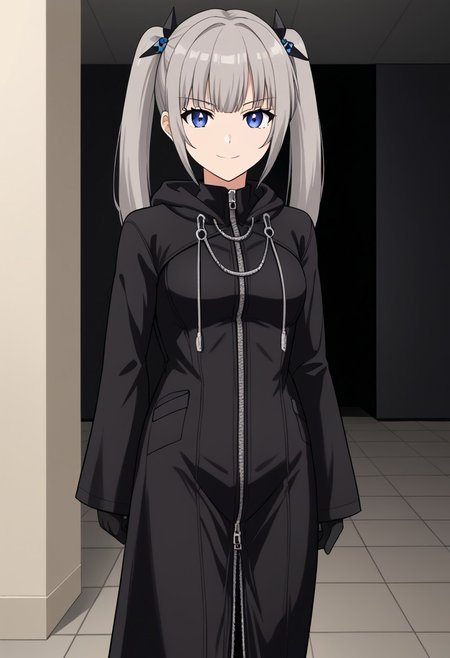rating_safe, 1girl, solo, miamgb, grey hair, twintails, hair ornament, blue eyes, zipper, hood, long sleeves, gloves, arms behind back, black corridor, walking, indoors, serious, smile, looking at viewer, cowboy shot,