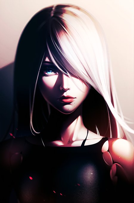 yorha type a no. 2,

1girl, android, bare shoulders, blue eyes, fog, hair over one eye, joints, light particles, long hair, mole, mole under mouth, one eye covered, portrait, robot joints, shadow, solo, white hair

robot, robot joints, mechanical parts, highres,

<lora:yorha_type_a_noDOT_2:0.7>