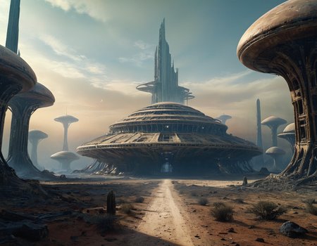 cinematic still In this forsaken land, the remnants of an alien civilization stretch endlessly into the horizon, their grandiose architecture reduced to mere shadows and whispers, haunting reminders of worlds long gone . emotional, harmonious, vignette, 4k epic detailed, shot on kodak, 35mm photo, sharp focus, high budget, cinemascope, moody, epic, gorgeous, film grain, grainy, b3ks1n, In this forsaken land, the remnants of an alien civilization stretch endlessly into the horizon, their grandiose architecture reduced to mere shadows and whispers, haunting reminders of worlds long gone, cinematic, real, detailed, gorgeous, intricate detail, rich colors, beautiful, elegant, epic, sharp focus, very creative, new, color, ambient, scenic, futuristic, artistic