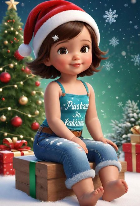 Cute cartoon style baby, latin, tender and sweet. Sitting, dressed in blue jeans and a dark green bustier with short brown hair, brown skin, a Christmas hat with the name "Yapay Kadin" in light colors and sparkles. Christmas themed background, snow, snowflakes, poinsettias, typography, 3d rendering, painting , painting, 3d render, typography, cinematicv0.2