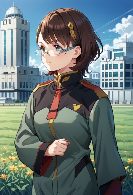 score_8, score_8_up, score_7_up, source_anime, 1girl, solo, female focus, Mia_CF, brown hair, medium hair, bob cut, hair ornament, glasses, semi-rimless eyewear, under-rim eyewear,  asticassia_outfit, shoulder boards, multicolored clothes, two-tone jacket, jacket, black jacket, collared jacket, black sleeve cuffs, sleeve cuffs, long sleeves, wide sleeves, layered sleeves, two-sided fabric, red necktie, red shoulder boards, green jacket, green shorts, outdoors, building, city, field, space colony interior,
