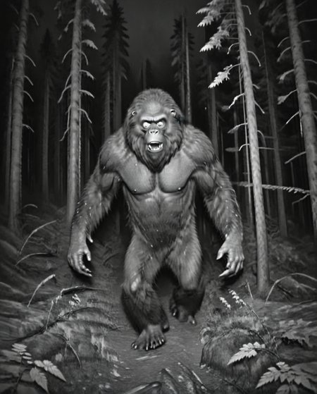Camera trap, monochrome, bigfoot are running through the forest, horror,   <lora:Camera trap:1>