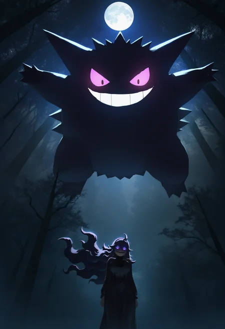 astero, scenery, pokemon \(creature\),
best quality, amazing quality, very aesthetic, absurdres,
gengar,
1girl,
hex maniac \(pokemon\),
purple hair, floating hair,
dress, large breasts,
from below, looking at viewer, looking down, glowing eyes, evil smile,
backlighting, night, dark, moon,
forest, white background,
perspective,  <lora:AsteroNoob_byKonan:1>