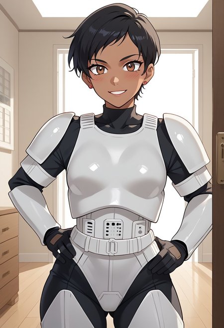score_9,score_8_up,score_7_up, BREAK ,LoisSDXL,1girl, solo, short hair,black hair,brown eyes,jewelry,earrings,dark skin,dark-skinned female, BREAK,stormtrooper, armor, white armor, bodysuit under clothes, black gloves, belt, covered collarbone, covered neck, BREAK,cowboy shot, hand on hips, standing, looking at viewer, blush, smile, BREAK, indoors, room, closet, Expressiveh