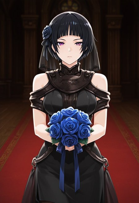 score_9,score_8_up,score_7_up,source_anime,5_figner,2d_animation,game cg,BREAK,1girl,solo,
Millennia,short hair,bob cut,black hair,lunt bangs, 
hair ornament,(wedding dress:1.4), ribbon, bare shoulders,
 jewelry, hair ribbon, flower, hair flower, 
blackdress,rose, veil,blue flower, black footwear
bouquet, bridal veil, blue rose, holding bouquet,bride,
front view,expressionless,
church,wedding,rice shower,red carpet,upper body,dark,
masterpiece,best qualit,ultra-detailed,illustration,an extremely delicate and beautiful,beautiful detailed eyes,unity 8k wallpaper,high resolution,anime CG,official_art,Erotic_style,  anime_coloring, anime_screencap,