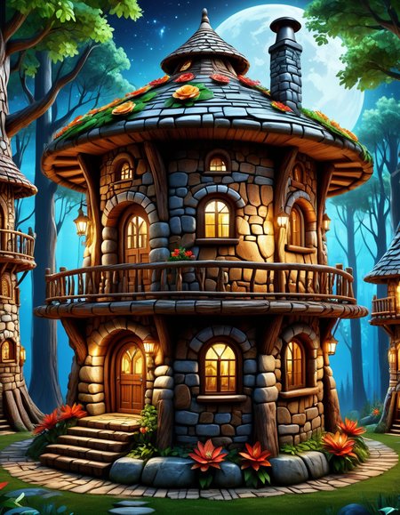 Tribal style, high quality, masterpiece, forest scene, cute 3 storey stone round house, lots of windows, chimneys, flowers at the front, night time <lora:extremely_detailed:0.4> extremely detailed   <lora:BorkStyle:0.8> Jed-brk  <lora:CS3:0.8> Cyberspace, Digital Cyberspace theme, ((created by glowing magical energy in cyberspace)), Indigenous, ethnic, traditional patterns, bold, natural colors, highly detailed